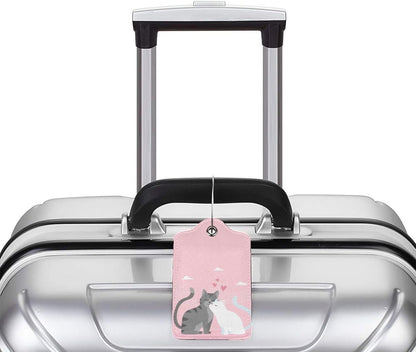 2PC Cats in Love Pattern Luggage Tag with Pink Background, Sublimation Printed Travel Suitcase Baggage Identifiers Tags for Women Men Couple Mr Mrs Children Kids Honeymoon Wedding Gift