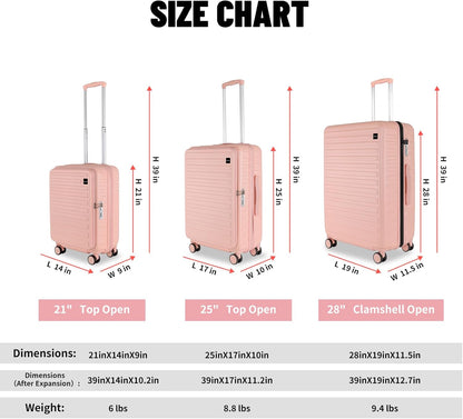3-Piece 20/24 Top Opening Hardshell Lightweight Luggage and 28-Inch Clamshell Opening Suitcase with Spinner Wheels & TSA Locks for Woman Girls Travel, Pink 20in/24in/28in
