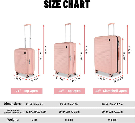 3-Piece 20/24 Top Opening Hardshell Lightweight Luggage and 28-Inch Clamshell Opening Suitcase with Spinner Wheels & TSA Locks for Woman Girls Travel, Pink 20in/24in/28in