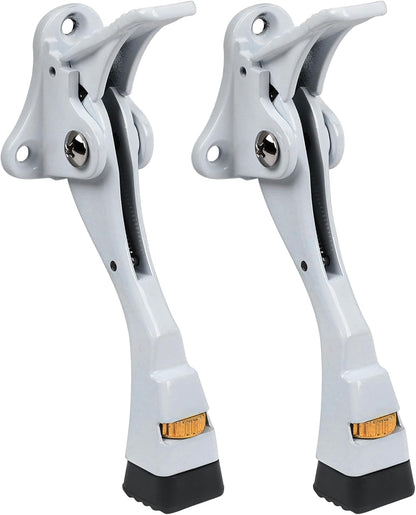 2 Packs Heavy Duty Kickdown Door Stopper, One Touch Adjustable Kickdown Door Stop for Heavy Doors, 4 in Metal Door Kickstand with Rubber Tip & Wall Protectors for Wide Doors- White