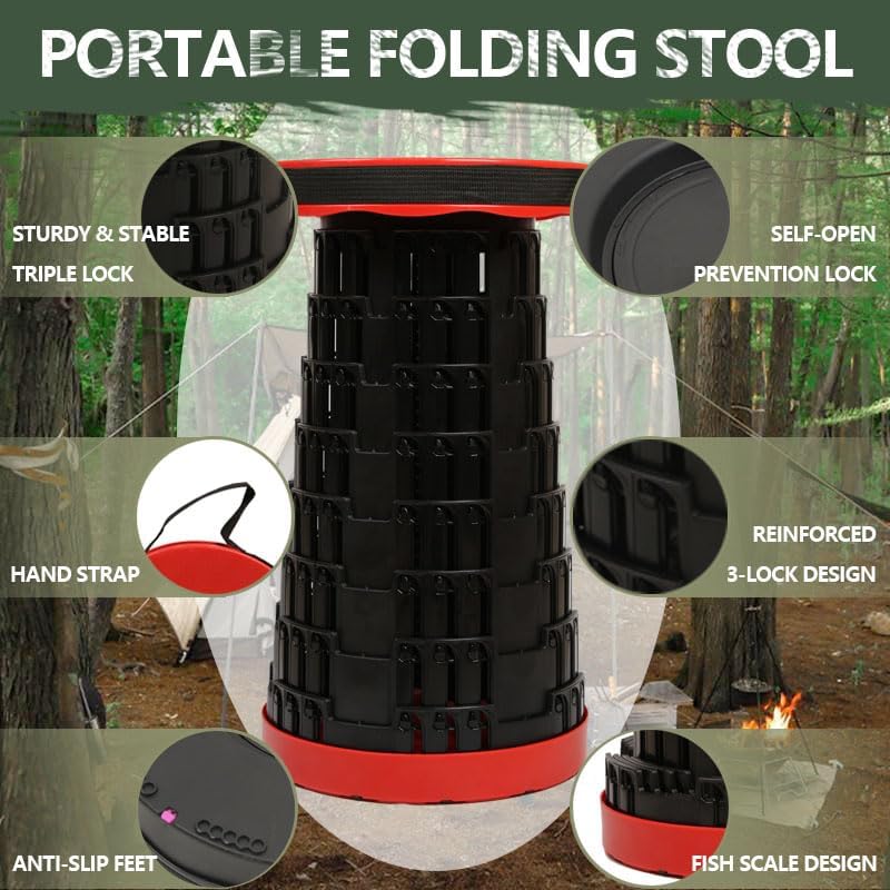 JAEMEYEM Collapsible Stool Chair, Upgraded Folding Stool for Adults Lightweight, Sturdy, Adjustable, Portable, Foldable Seat Sturdy Stools for Outdoor Camping Fishing Hiking Gardening BBQ