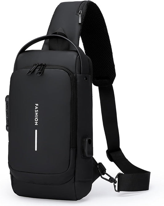 Sling Bag for Men Anti-theft USB Crossbody Shoulder Backpack Purse Waterproof PU Leather Chest Bag Travel Daily Use