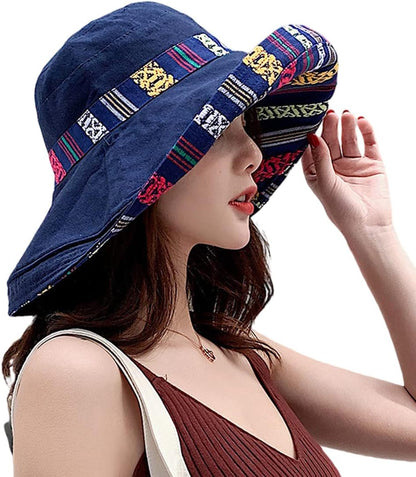 Women Wide Brim Sun Hats Metal Wired Edge Summer UV Protection Beach Fishing Hat for Hiking Garden Travel Chin Strap