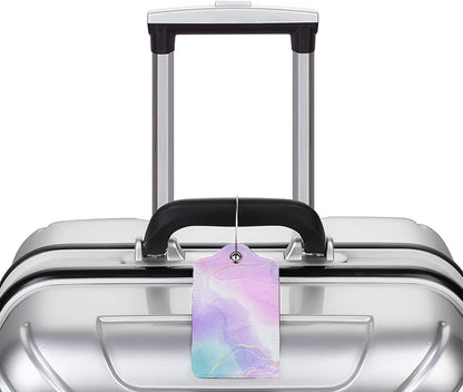 Pink Luggage Tags 2 Pack for Girls Women, Watercolor Light Purple and Cyan Blue Background Leather Suitcase Tags Identifiers, Cute ID and Name Labels with Privacy Covers for Backpack Travel Bag