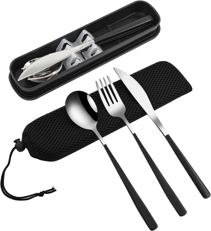 VANRA 3-Piece Portable Travel Utensils Set with Case 18/8 Stainless Steel Flatware Set Reusable Cutlery Set with Fork Spoon Knife for Lunch Travel Camping School Work Picnic (Black)