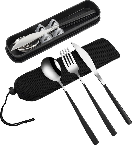 VANRA 3-Piece Portable Travel Utensils Set with Case 18/8 Stainless Steel Flatware Set Reusable Cutlery Set with Fork Spoon Knife for Lunch Travel Camping School Work Picnic (Black)