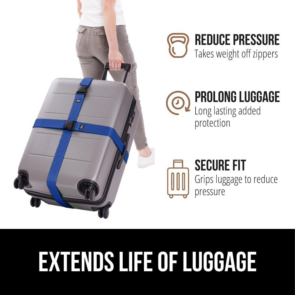GORILLA GRIP Heavy Duty 4 Pack Adjustable Luggage Straps for Suitcases, Easy to Identify Travel Belt Connector Holds Suitcase Together, Extends Life of Bag, Strap Connects Two Bags, Accessories Blue