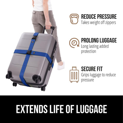 GORILLA GRIP Heavy Duty 4 Pack Adjustable Luggage Straps for Suitcases, Easy to Identify Travel Belt Connector Holds Suitcase Together, Extends Life of Bag, Strap Connects Two Bags, Accessories Blue