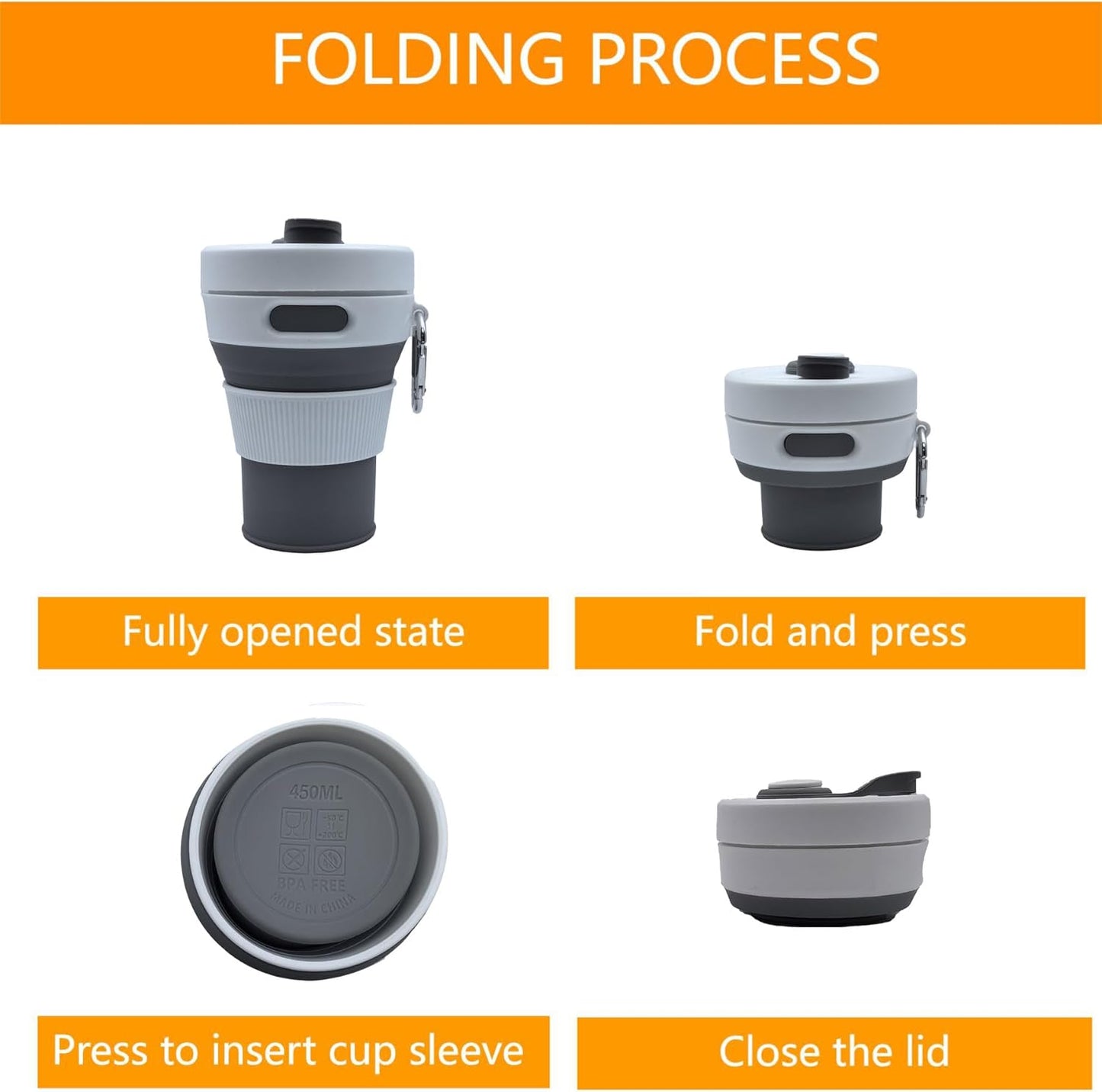 Silicone Collapsible Travel Mug Gray 15oz / 450ml - Leak-Proof Reusable Silicone Water Bottle for Hot and Cold Beverages - Travel Office and Home - Dishwasher Safe - Straw Included