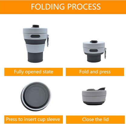 Silicone Collapsible Travel Mug Gray 15oz / 450ml - Leak-Proof Reusable Silicone Water Bottle for Hot and Cold Beverages - Travel Office and Home - Dishwasher Safe - Straw Included