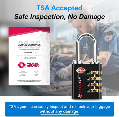 Forge Dual-Opening: Key or Combination Access Lock, TSA Approved Locks for Luggage, Pelican case, Travel, Gym, School, Stainless Steel Shackle.(Black 6 Pk)