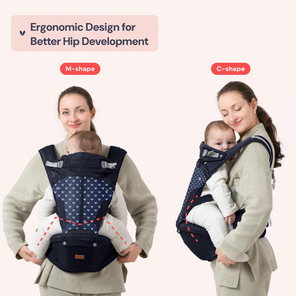 BabbleRoo Grow Carrier – 6-in-1 Baby Carrier with Hip Seat, Ergonomic, Cozy & Adjustable Toddler Carrier 7-50 lbs with Hip & Lumbar Support, Hood for Sun Protection, Newborn to Toddler, Navy Hearts