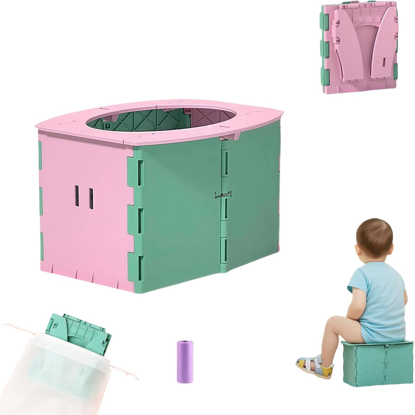 Travel Potty,Portable Potty Seat Foldable Travel Training Toilet Seat,Foldable Toilet for Outdoor Camping (Teal Pink)