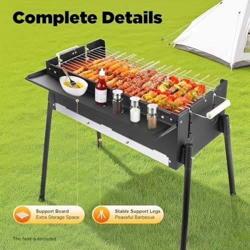 Portable Charcoal Grill, Folding BBQ Grill with 3 Adjustable Height Levels & Side Table, Stainless Steel & Iron Outdoor Grill for Camping, Tailgating, Backyard, Picnic, Fits 3-8 People 25.79" x 11.42"