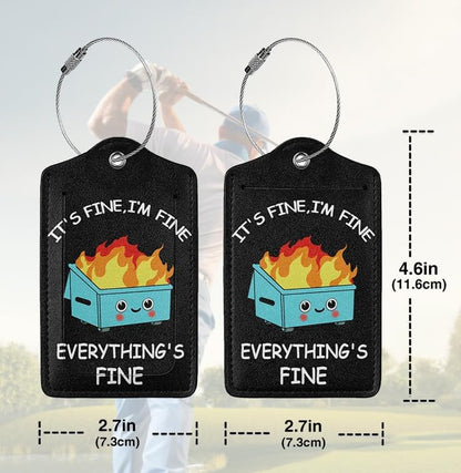 2 Pack Luggage Tags for suitcases Funny Cute Black Trash on fire I'm Fine It's Fine Luggage Tag, Leather Stainless Steel Loop Label Tag for Men Women Travel Bag Suitcase(Trash on fire)