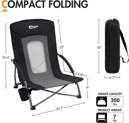 PORTAL Beach Chairs for Adults Camping Low Lightweight Portable Chair with Cup Holder Mesh Back Carry Bag for Outdoor Sand Lawn Travel Picnic Festival Concert, 350LBS