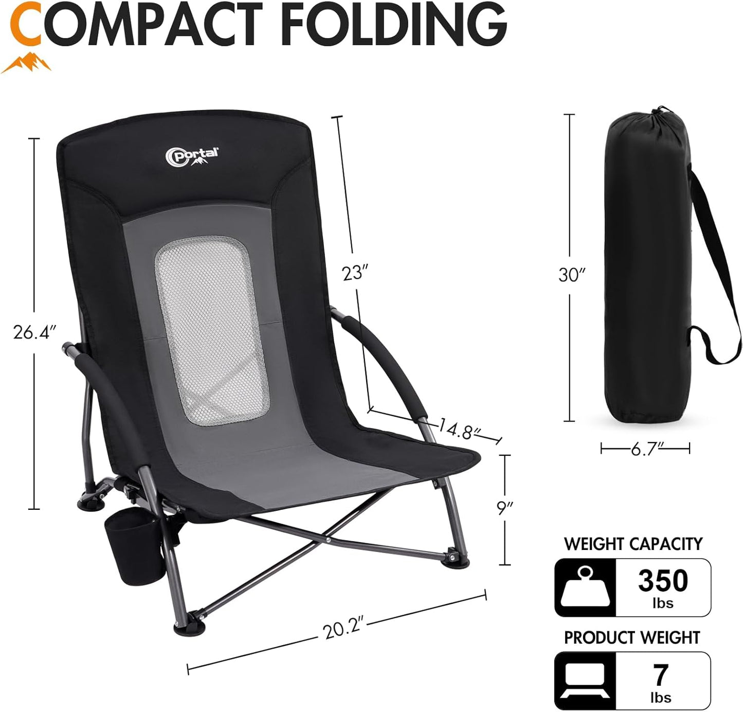 PORTAL Beach Chairs for Adults Camping Low Lightweight Portable Chair with Cup Holder Mesh Back Carry Bag for Outdoor Sand Lawn Travel Picnic Festival Concert, 350LBS