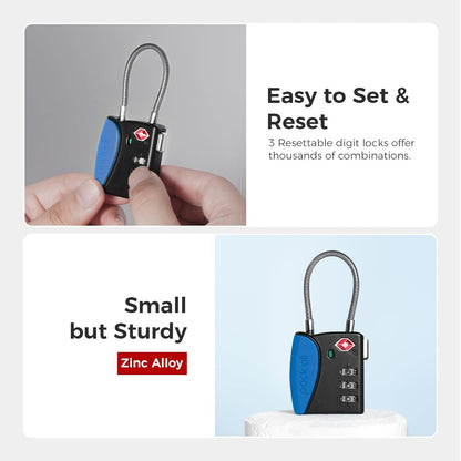 pack all TSA Approved Cable Luggage Locks, 3 Digit Combination Padlocks, Travel Lock for Suitcases & Bag, Alloy Body, Travel Accessories (4 Pack)（Navy）