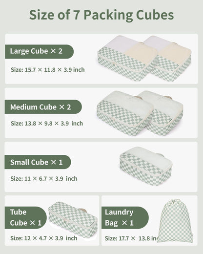 Narwey 7 Set Checkered Packing Cubes for Travel Carry on Suitcase Luggage Organizer Bags for Kids Women Men, Durable Packing Organizers Bag, Travel Essentials Accessories (Mint Green Checkerboard)