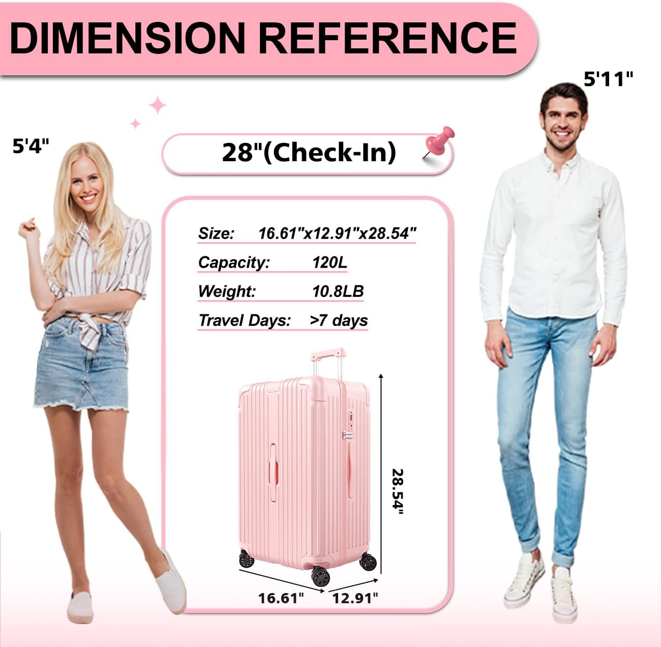 Krute Luggage 28 Inch Suitcase with 4 Universal Wheels TSA Lock PC+ABS Hardside Checked Luggage (Pink)