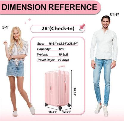 Krute Luggage 28 Inch Suitcase with 4 Universal Wheels TSA Lock PC+ABS Hardside Checked Luggage (Pink)