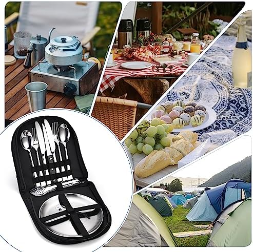 Camping Silverware Kit Cutlery Organizer Utensil Picnic Set Stainless Steel Plate Spoon Clip and Serrated Knife Wine Opener Fork Napkin Hiking - Camp Kitchen BBQ’s