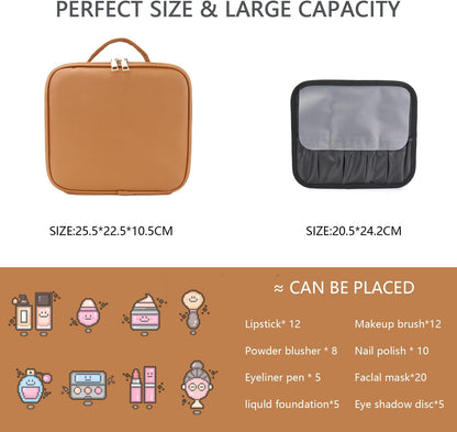 Makeup Bag with Led Mirror,Travel Makeup Organizer with 3 Color Setting, Portable Storage and Adjustable Dividers Travel Makeup Bag(light brown)