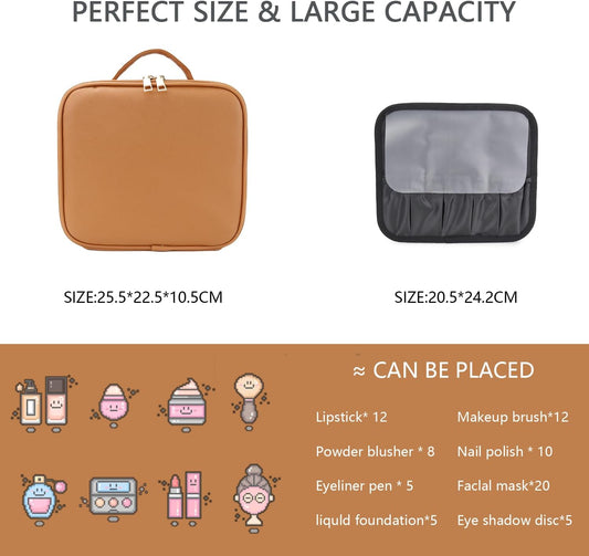 Makeup Bag with Led Mirror,Travel Makeup Organizer with 3 Color Setting, Portable Storage and Adjustable Dividers Travel Makeup Bag(light brown)