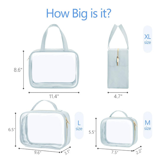 PACKISM Clear Toiletry Bags - 3 Pack Makeup Bags with Handle, Large Opening, Waterproof Cosmetic Bags for Travel Essentials, Grayish Blue
