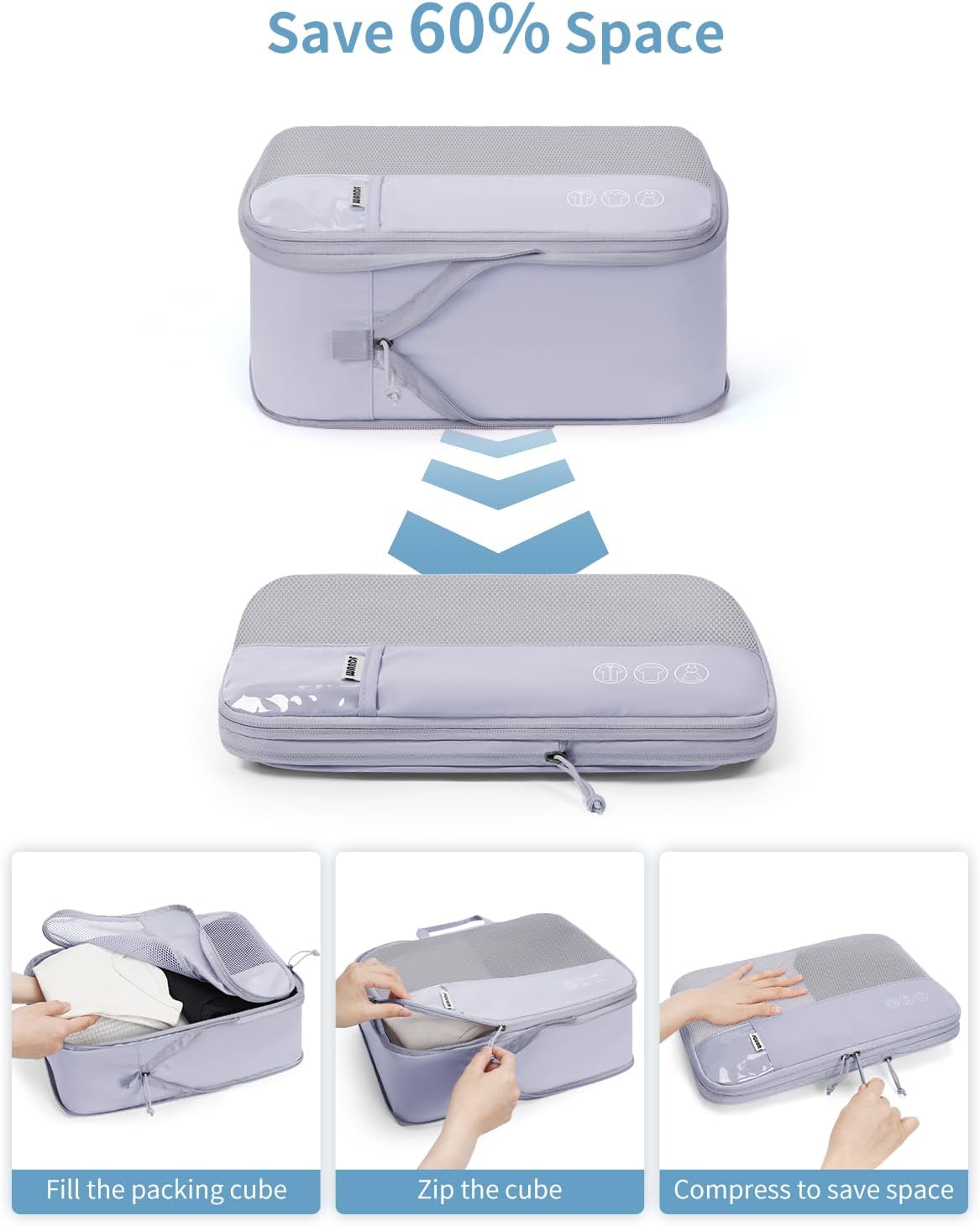 WANDF 7 Set Compression Packing Cubes for Travel, Shirt Folder for Wrinkle-Free, Suitcase Organizer Bags Set for Carry-On Checked Luggage Duffle Bag Women Men(Gray-blue)