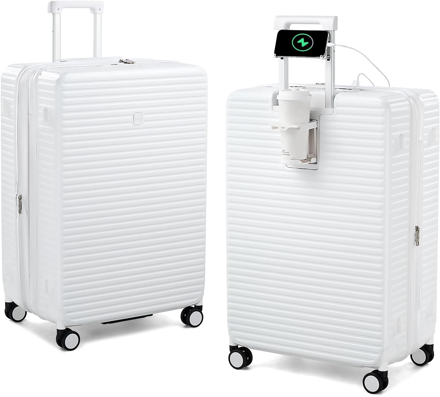 28 Inch Luggage Hard Shell Suitcases, Expandable Travel Checked Luggage 28 Inch, Large Check In Luggage with Spinner Wheels Cup Holder Charger Built in Lightweight Suitcase, White