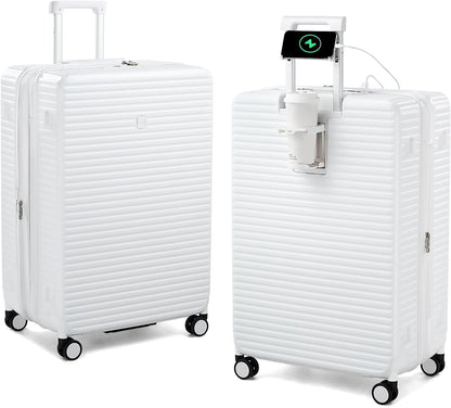 28 Inch Luggage Hard Shell Suitcases, Expandable Travel Checked Luggage 28 Inch, Large Check In Luggage with Spinner Wheels Cup Holder Charger Built in Lightweight Suitcase, White