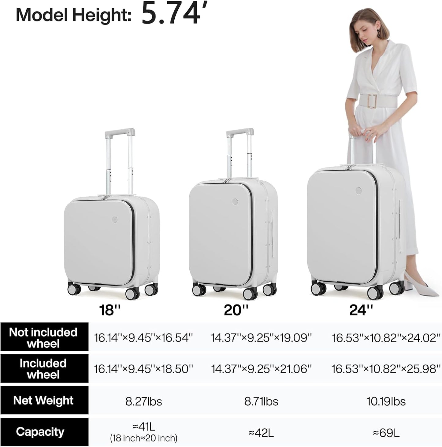 mixi Carry On Luggage, 18” Suitcase with Front Laptop Pocket, Travel Luggage Aluminum Frame PC Hardside with Spinner Wheels & TSA Lock and Cover (Not for Underseat), Smoke White