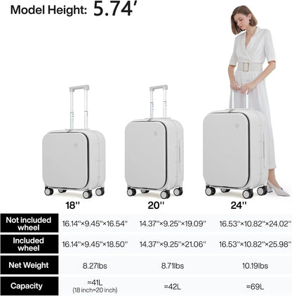 mixi Carry On Luggage, 20'' Suitcase with Front Laptop Pocket, Travel Rolling Luggage Aluminum Frame PC Hardside with Spinner Wheels & TSA Lock and Cover - Smoke White