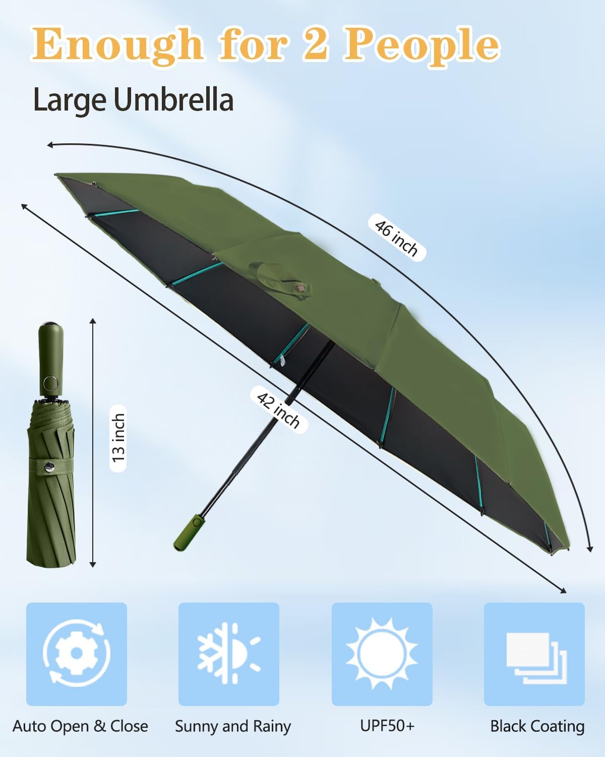 Large Double-Ribs Umbrella Automatic Folding Umbrella for Women Men, Travel, UPF 50+ UV Protection