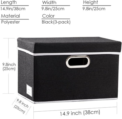 PRANDOM Foldable Storage Box with Lid [3-Pack] Fabric Collapsible Storage Bin Organizer Container Basket Cube with Cover for Home Bedroom Closet Office Nursery Black (14.9x9.8x9.8)