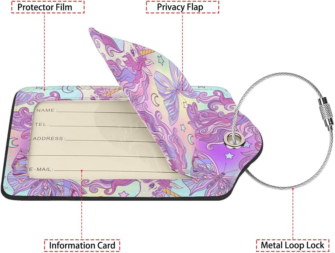 Multicolored Unicorn Luggage Tags for Suitcases,2 Pack Luggage Tag, Leather Stainless Steel Loop Label Tag for Women Girl Travel Bag Suitcase