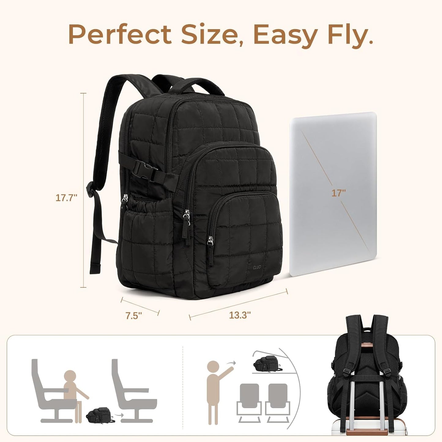 CLUCI Wrinkle-Resistant Laptop Backpack for Women, 17.3 Inch Anti Theft Travel Backpack, Puffer Quilted Work Backpack, Water Resistant College Bookbag with RFID