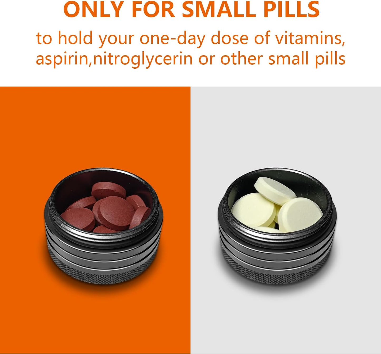 2 Sets Small Pill Box, Portable Daily Box, Aluminium Alloy Round Container for Pills, Pocket Case (Black+Gray)