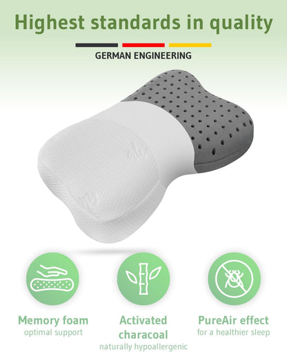 Third of Life Travel Pillow with Activated Charcoal Memory Foam | Cervical Neck Pain Relief Pillow for Back & Side Sleepers | Aloe Vera Extract Viscose Pillowcase