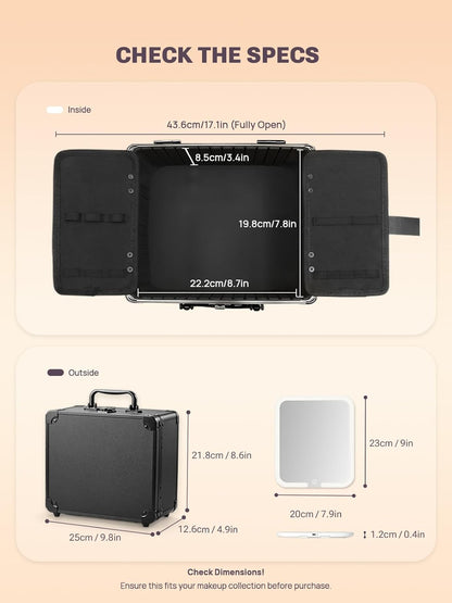 Qislee Makeup Box with A Detachable Lighted Mirror, Waterproof Travel Train Case, Cosmetic Organizer and Makeup Suitcase with Adjustable Dividers, Magnetic LED Mirror (Black)