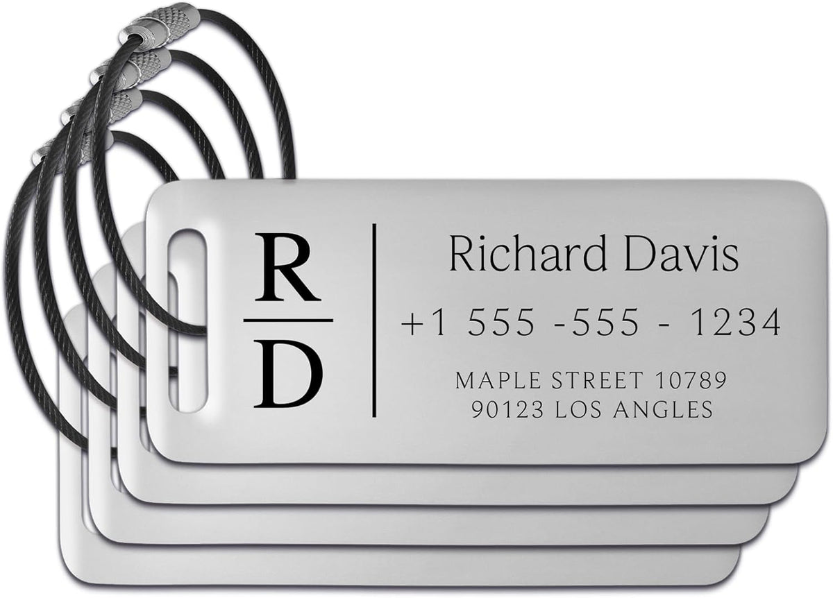 Personalized Luggage Tags for Suitcases 4 Pack - Stainless Steel Custom Luggage Tags for Backpacks & Bags, Sturdy, Waterproof & Heavy Duty (Silver / 3" x 1.25")