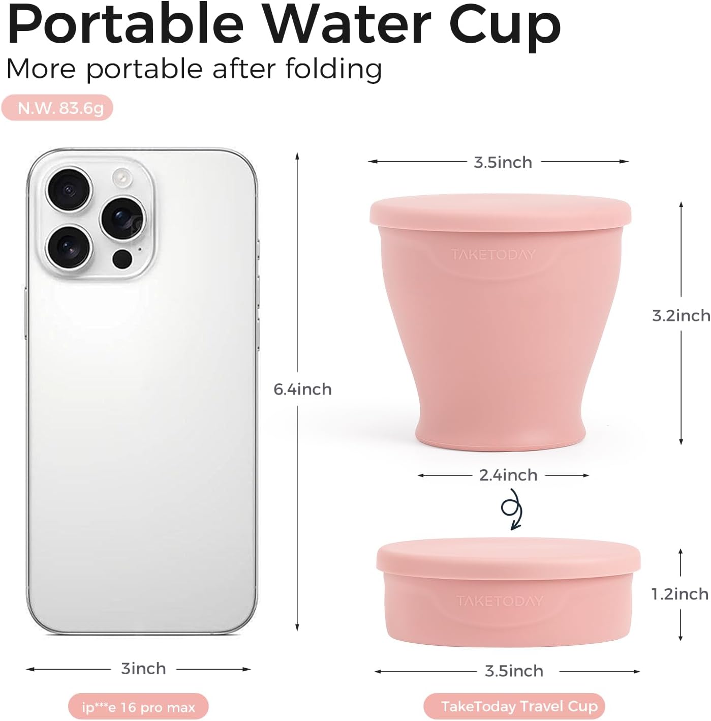 TakeToday Collapsible Travel Cup - Silicone Foldable Water Cup, BPA-Free with Lid & Waterproof Bag - Drinking Cup Set for Camping, Outdoors & International Travel（8 Oz, Lowcountry Peach）