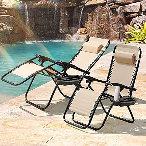 Homall Zero Gravity Chairs - Adjustable Folding Lawn Lounge Chairs with Pillows for Poolside, Backyard and Beach - Set of 2 (Cream-Coloured)