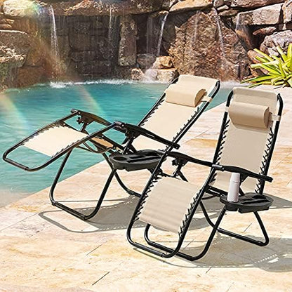Homall Zero Gravity Chairs - Adjustable Folding Lawn Lounge Chairs with Pillows for Poolside, Backyard and Beach - Set of 2 (Cream-Coloured)