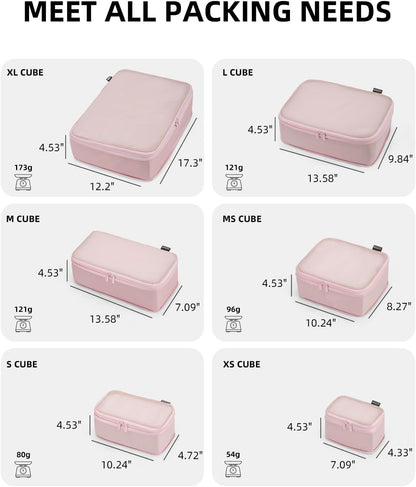 6 Set Compression Packing Cubes for Travel, Large Medium Small Luggage Organizers, Storage Bags for Clothes (6 Pack, Dusty Pink)