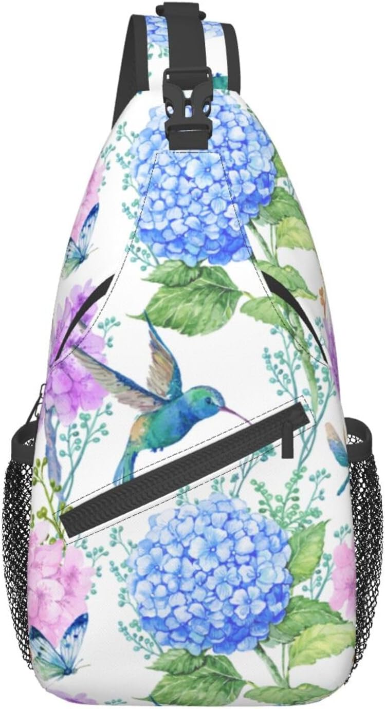 SUPLUCHOM Sling Bag Spring Hummingbird Flower Hydrangea Hiking Daypack Crossbody Shoulder Backpack Travel Chest Pack for Men Women Over 12 Years Old