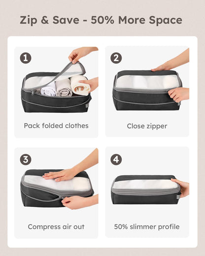 4 Set Compression Packing Cubes for Travel, Bonus Versatile Drawstring Backpack, Lightweight Luggage Organizer Bags, Sturdy Travel Accessories for Suitcase, Black
