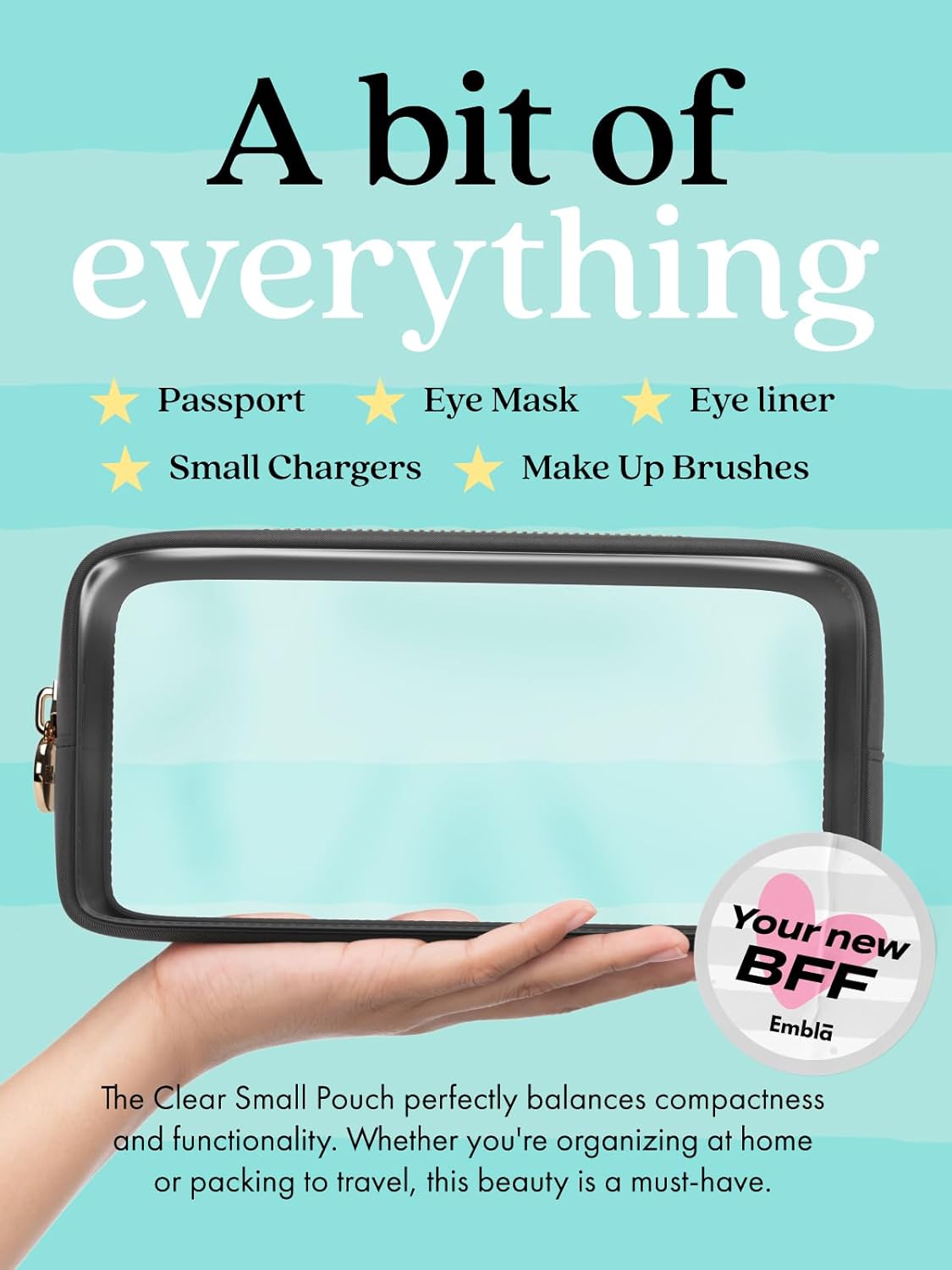 Clear Makeup Bag Zipper Pouch, Transparent Cosmetic Case Organizer, TSA Approved Travel Toiletry Case, Travel Accessories Essentials Makeup Tote for Women, Small Cute Make up Bag for Purse - Black