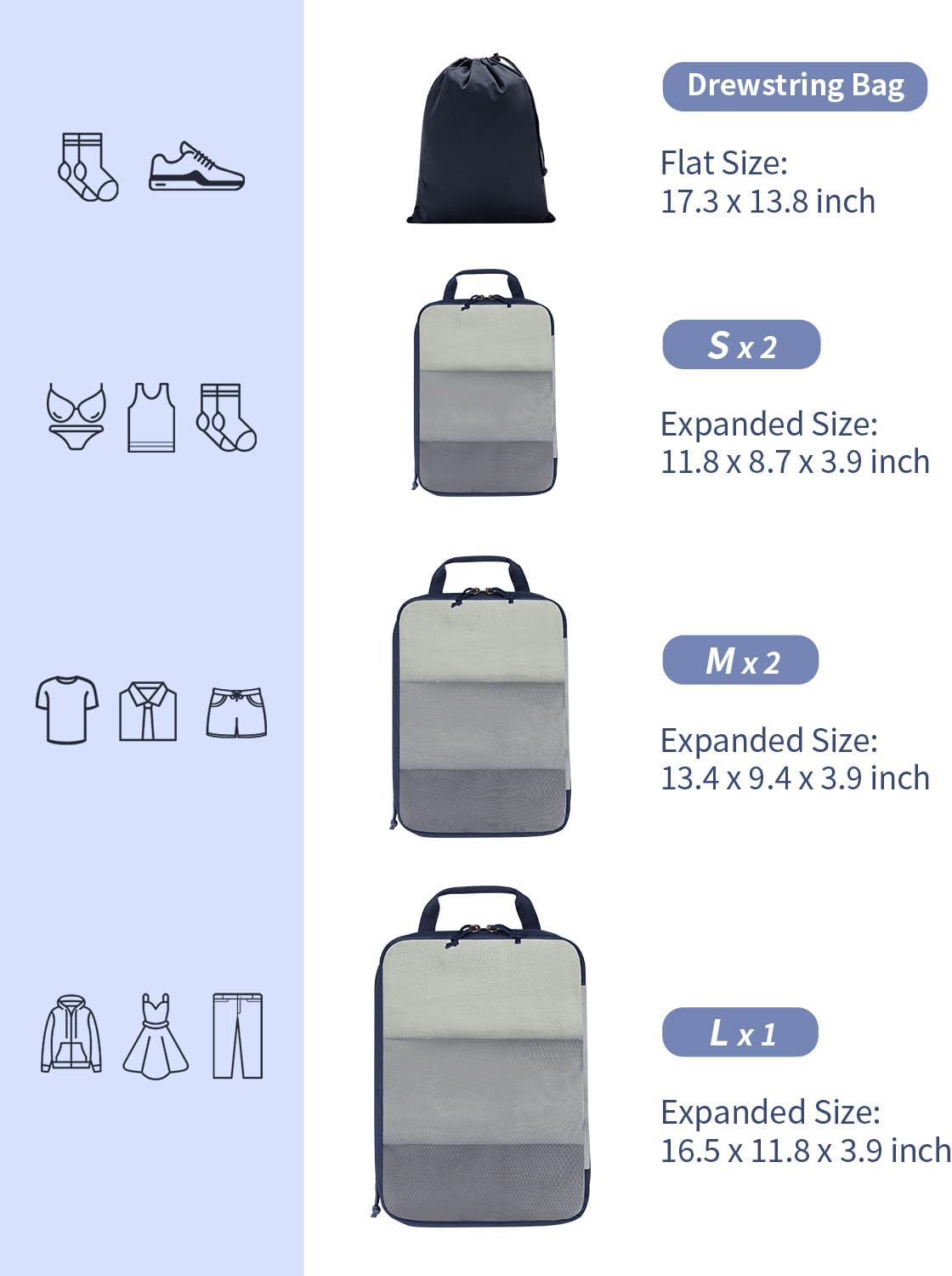 ECOHUB 6 Set Compression Packing Cubes, Lightweight Cruise Ship Vacation Travel Essentials, Durable Travel Accessories for Suitcase Luggage Organizer Bags Set with YKK Zippers Shoe Bag, Dark Blue